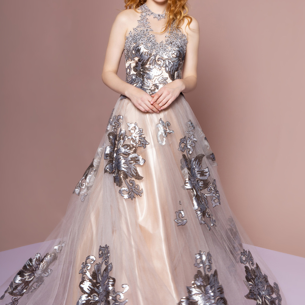 Halter Neck Jewel A-Line Champagne Dress GL2655